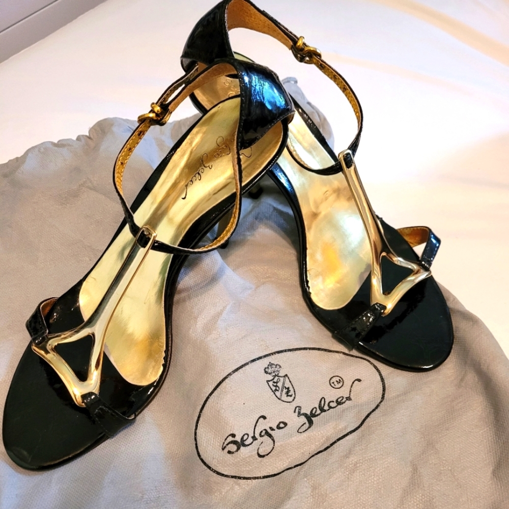 Sergio Zelcer | Gold & Black | Metal T- Strap Stilletto Heel | Size 9